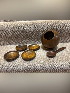 Vtg Apco Teak MCM Wood Orb Eye Olive Shaped Nut Bowl Spoon Dish Set Salt Cellar